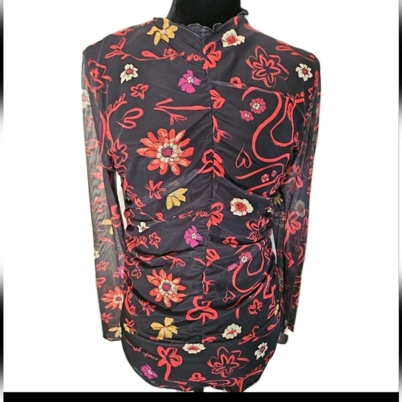 Desigual Womens Tulle Ruched Floral Artistic Long Sleeve Colorful Bodysuit L - Picture 9 of 15